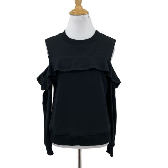 ALC Shirt Womens 4 Black Cold Shoulder Ruffle Trim Silk Blend Long Sleeve Crew - Picture 1 of 12